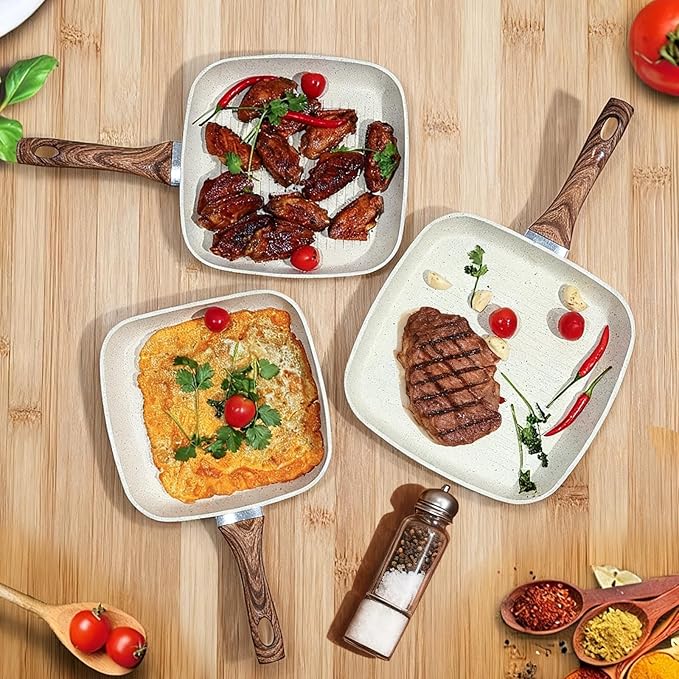 3 Pieces Nonstick Grill Pan Set – Square Griddle Pans with Wooden Handle, Compatible with All Stovetops, Perfect for Steak, BBQ, Vegetables (9.5", 10.2", 11") Ivory