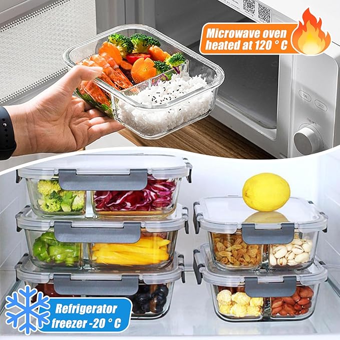 Glass Food Storage Containers(5 Pieces with Partitions,5 Pieces without Partitions),Glass Meal Prep Containers with Snap Lock Leakproof Lids,for Microwave,Freezer,Oven and Dishwasher