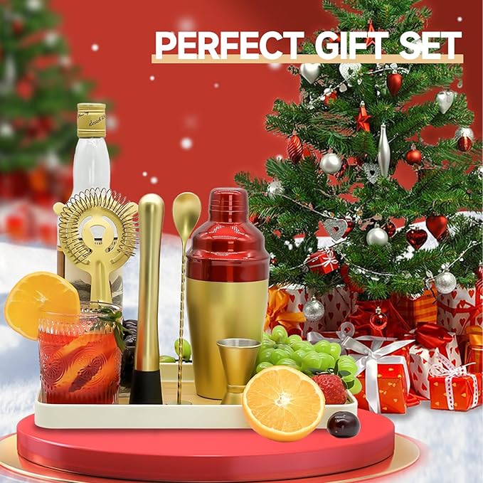Bartender Kit 5-Piece Cocktail Shaker-Muddler for Cocktails Boston Shaker-Bar Accessories with Stylish Bamboo Stand Mix Drink Shaker kit Perfect Martini kit