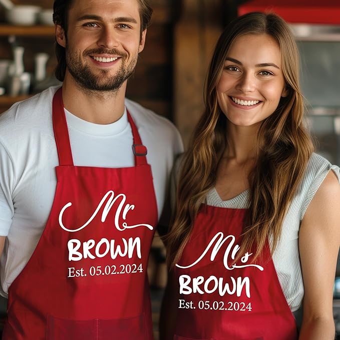 Custom Couple Apron, Personalized Mr Mrs Gift, Anniversary, Bridal Shower, Engagement, Christmas or Wedding Registry Present for Him & Her