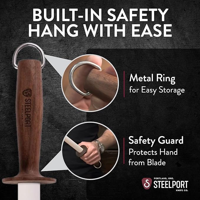 STEELPORT 12 inch Oval Ceramic Honing Rod | Professional Knife Sharpener Rod with Oregon Black Walnut Handle, Safety Guard | Premium Blade Sharpener For All Knifes | Ideal Gift for Chefs, Home Cooks