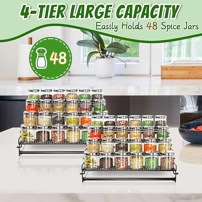 2 Pack 4 Tiered Countertop Spice Rack Organizer for Cabinet, Metal Tiered Spice Holder Storing 24 Spices Jars, Multipurpose Seasoning Shelf for Cupboard, Pantry, Kitchen Storage (2 Pcs)