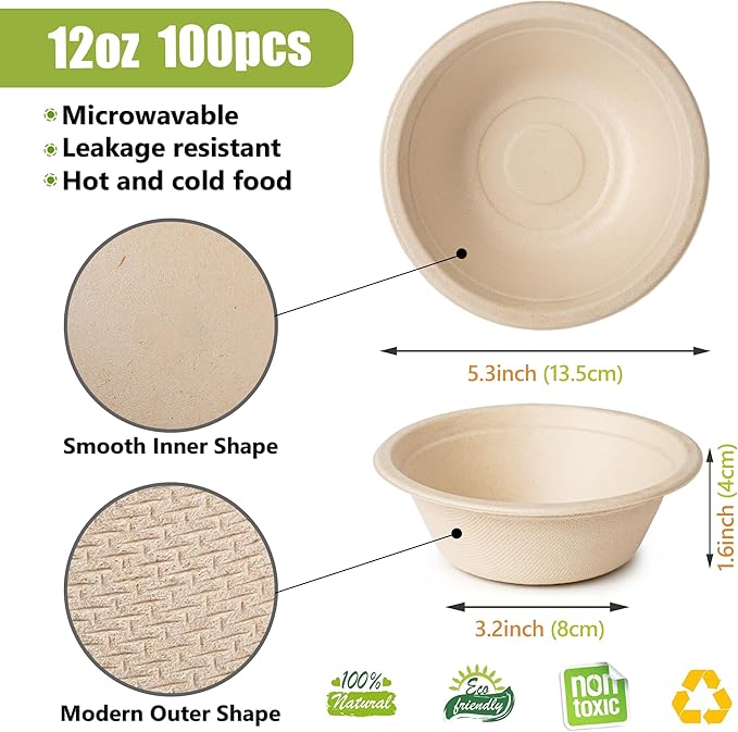 Green Swan Disposable Paper Bowls, 12 Oz [100 Pack] Large Bowl-100% Compostable, Biodegradable, Eco-Friendly Natural Colour Bowls - Convenient for Daily Use for Salad, Hot Soup, and Pasta