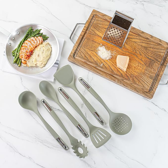 Restaurantware Silicone Utensil Set Pack of 1 Non-Slip Handle 6-Piece Kitchen Tool Set, Heat-Resistant Dishwasher-Friendly Cooking Accessories, Durable Green Cooking Utensils