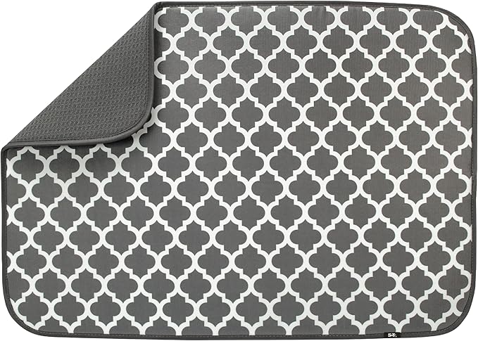 S&T INC. Dish Drying Mat XL, 18” x 24”, Absorbent Microfiber Kitchen Counter Mat, Dish Drying Pad for Dishes, Utensils, Pots and Pans, Extra Large, Pewter Grey Trellis