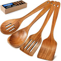 Wooden Spoons for Cooking, 4 Piece Natural Premium Teak Wooden Cooking Utensils Set, Heat Resistant Large Kitchen Wooden Spoons and Wooden Spatula for Nonstick Cookware Cooking Gifts
