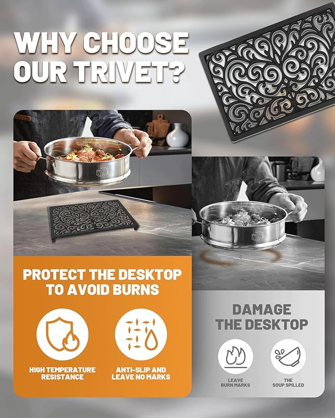 Black Rectangle Cast Iron Trivet 2-Pack for Kitchen & Dining - Heavy-Duty Hot Dish Pads, Decorative Heat Resistant Pot Holders with Raised Feet