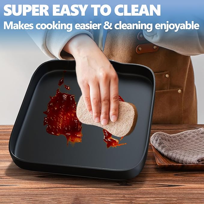 SafBbcue Square 11” Grill Pan Non-Stick Ceramic Coated, Durable Skillet Indoor & Outdoor Grilling, Oven Gas & Induction Safe, for Weber Charbroil Camp Chef Grill, Black