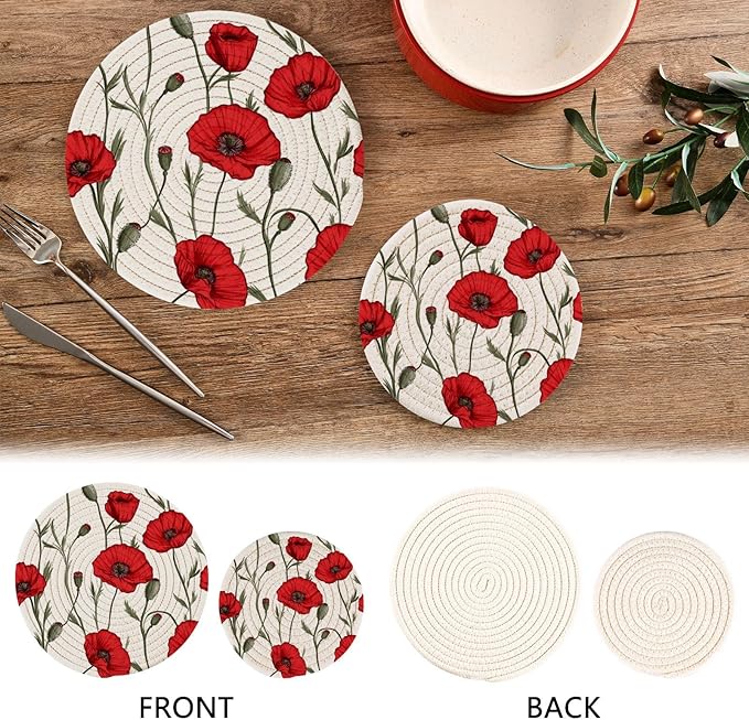 Red Poppies Kitchen Trivets Pot Holders Set of 2, Trivets for Hot Pots Dishes Woven Trivet Coaster Pad Mat for Counter