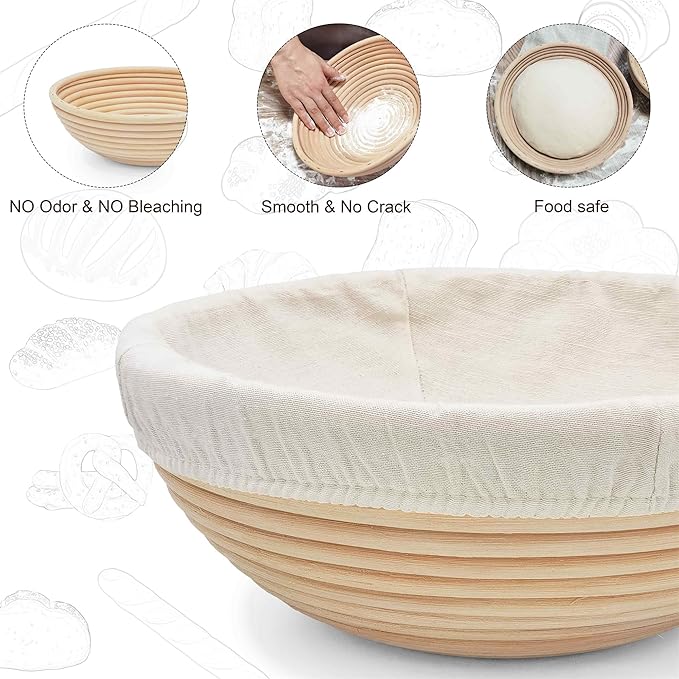 Banneton Bread Proofing Basket set of 3, 9 Inch Round Sourdough Proofing Baskets with Liner,Dough Proofing Bowls,Made of Natural rattan,for Sourdough Bread Baking Supplies
