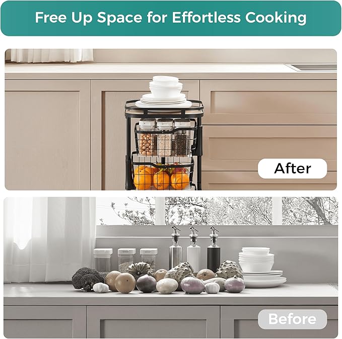 3 Tier Kitchen Fruit Vegetable Storage Cart with One-Piece Rotating Basket, Pantry Organizer Shelf Rack Floor Stand for Veggie Onion Potato Produce Spice, Rolling Snack Cart on Wheels, Black