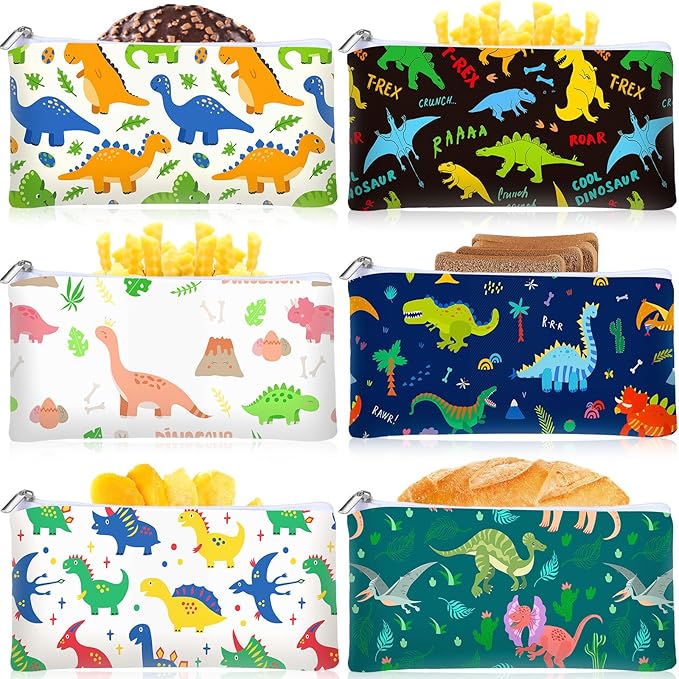 Chumia 6 Pcs Reusable Snack Bags Christmas Gifts Food Safety Washable Snack Bags Lunch with Zipper Portable Sandwich Bag Food Storage Pouch Double Layer(Dinosaur,6.9 x 3.7 Inches)