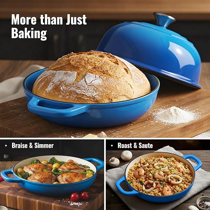 4.5 QT Dutch Oven for Bread Baking, Cast Iron Bread Oven for Sourdough, Enamelled Bread Dutch Oven with Lid, Heavy-Duty Non Stick Bread Pot, Blue