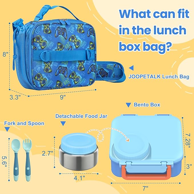 Bento Lunch Box Set for Kids with 9oz Soup Thermo, Insulated Lunch Bag,Leak-proof BPA-free Lunch Food Container with 3-4 Conpartments for School Travel-Blue