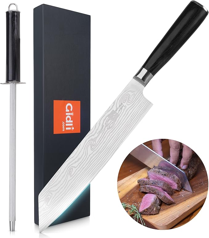 Gidli 8-Inch Chef Knife with Diamond Sharpener – Sharp Kitchen Knife Made of German Carbon Stainless Steel with Ergonomic Wooden Handle for Slicing, Chopping&Dicing of Meat, Seafood -Gift Box Included
