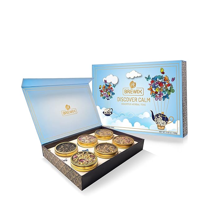 BREWIX, Discover Calm Premium Herbal Tea Christmas Gift Box (3.53oz/50+ Cups) | Tea Gift Sets For Tea Lover | 6 Unique Herbal Teas | Best for Birthdays, Anniversaries & Holidays