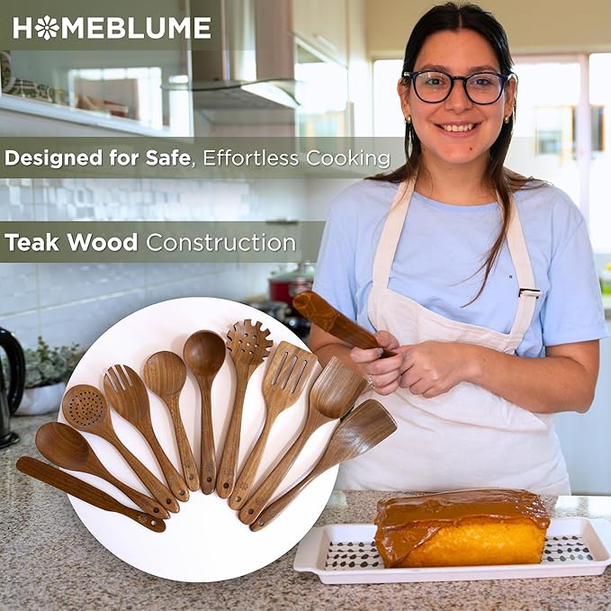 Premium Teak Wooden Cooking Utensils Set, 10+1 Piece Nonstick-Safe Kitchen Utensil Set with Silicone Mat, Heat-Resistant Non-Toxic Wood Spoons & Spurtle for Cooking