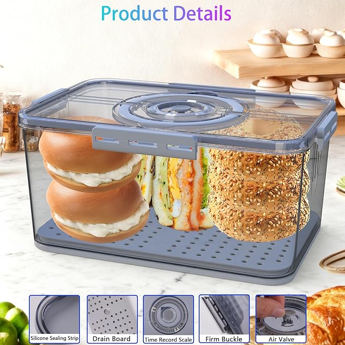Bread Box with Lid and Handle,New Upgrade Time Recording Bread Storage Container for Kitchen Counter Airtight,Portable Large Bread Boxes for Homemade Breads, Toast, Bagel, Donut and Cookies(Grey)