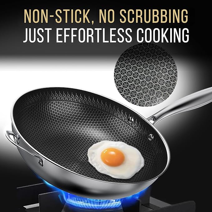 Nonstick Stainless Steel Pan Set – 12.5” Wok with Lid + 12” Frying Pan with Lid, Tri-Ply Honeycomb Hybrid Pans, Premium Kitchen Bundle