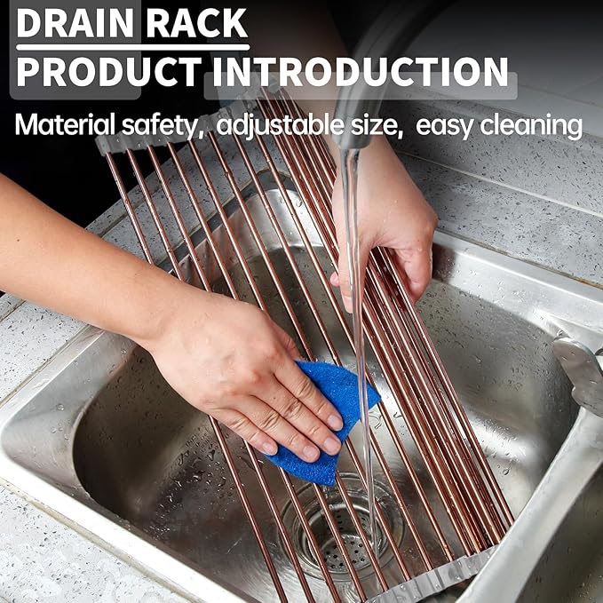 15.74" x 17"Large Roll Up Dish Drying Rack Over The Sink Dish Drying Rack,Stainless Steel Multipurpose Foldable Dish Drying Rack with Anti-Slip Silicone for Kitchen Counter Drainer,Rose Gold
