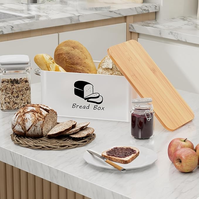 Metal Bread Box with Bamboo Cutting Board Lid, Bread Storage Container, Modern Kitchen Organizer for Sourdough, Buns, and Loaves (White)