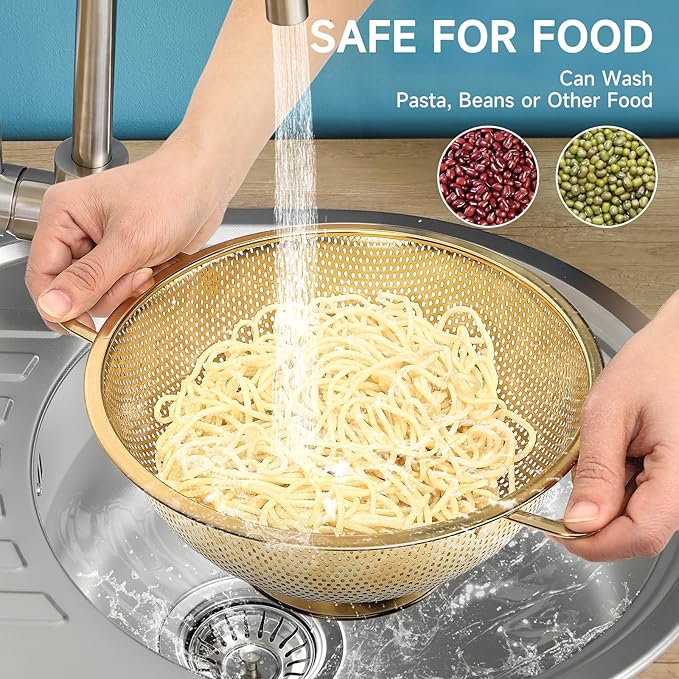 Gold Strainer for Kitchen, 5QT, Stainless Steel Colander with Handle for Fruits Vegetables Cooking Food, Dishwasher Safe