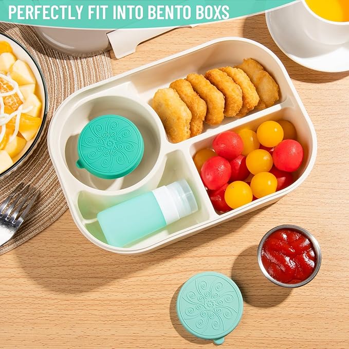 8-Pack Salad Dressing Container To Go, 2-oz Silicone Small Condiment Squeeze Bottles and 1.6 oz Stainless Steel Sauce Containers Cups, Leakproof Condiment Containers with Lids for Lunch Box