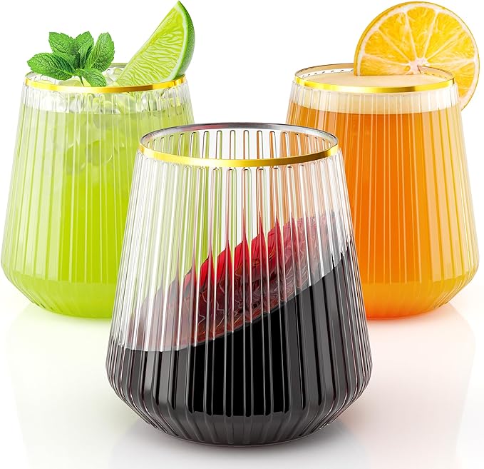 Exquisite 48 Pcs Unbreakable Stemless Plastic Wine Glasses Disposable Wine Glasses Stemless 12 Oz Gold Rimmed Plastic Cups Reusable Clear Party Cups Disposable Cocktail Glass For Weddings & Events