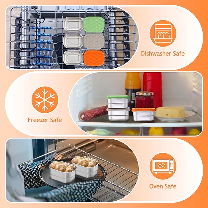 Homikit 3 Pack Snack Containers for Kids, 18/10 Stainless Steel Toddler Lunch Box with Silicone Lids, Reusable Bento Food Container Set for School Daycare, Nontoxic & Leak Proof, Green/Khaki/Orange