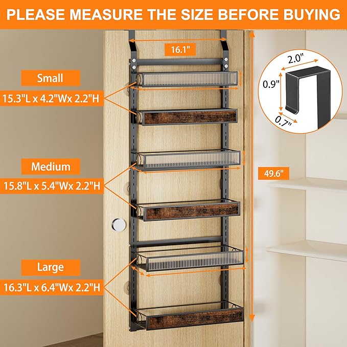 Over the Door Pantry Organizer,6 Tier Wall Mounted Hanging Spice Rack with Adjustable Basket,Heavy Duty Metal Back of Door Storage Shelf for Kitchen Pantry and Bathroom