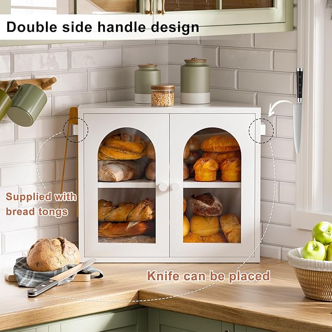 WOWLIVE Corner Bread Box for Kitchen Countertop, 2 Tier Bamboo Bread Storage Container for Homemade Bread with Clear Acrylic Door Panel, Large Bread Bin Farmhouse Breadbox Organizer (White, Medium)