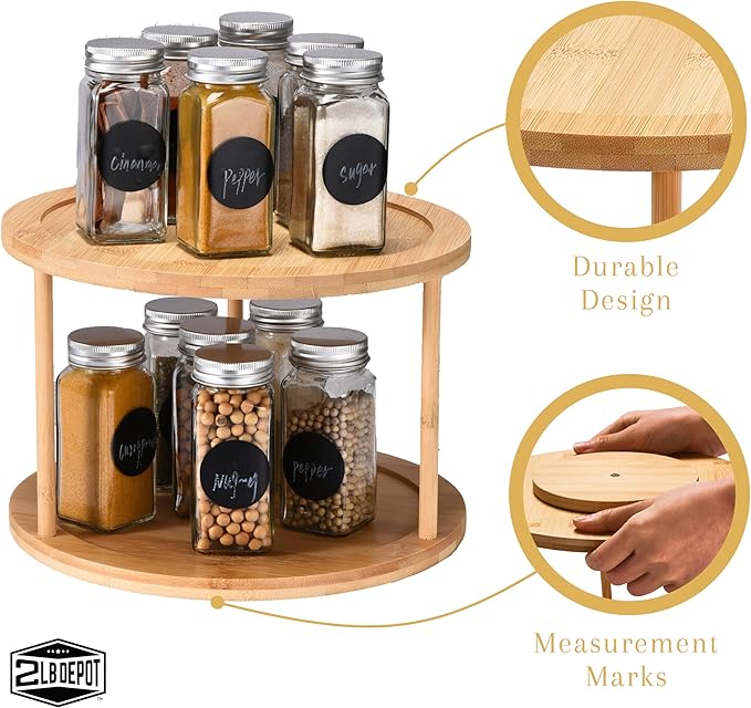 Bamboo Turntable Lazy Susan Rotating Spice Rack (10" Inches) - 2 Tier Spice Rack Organizer for Kitchen Cabinets, Pantry Storage - Durable, Easy Access, Space-Saving Design for Home Organization
