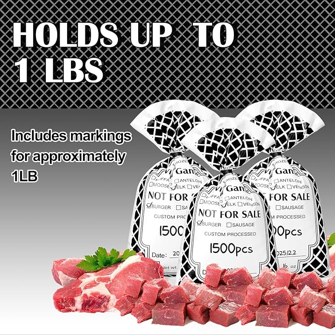 1500 Pack Wild Game Meat Bags Pack for Freezer 1 lb 8.03 x 4.41 Inch Ground Meat Freezer Packing Bags Bulk Venison Beef Processing Storage with Twist Ties for Outdoor
