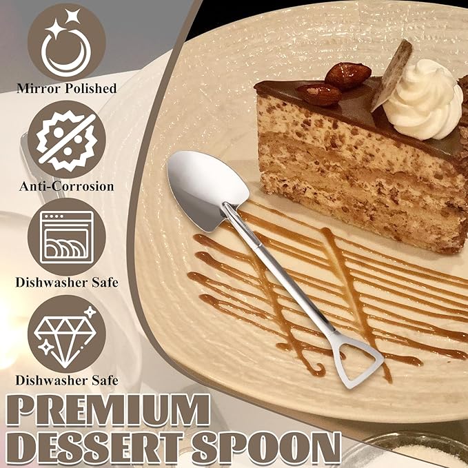 QTLCOHD 100 Pcs Shovel Spoons - 6 Inch Metal Mini Shovel Shaped Spoon Bulk for Desserts, Cupcake, Tea, Appetizer, Halloween Party, Silver