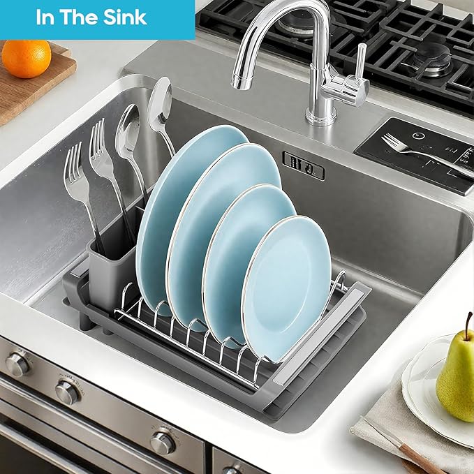 Small Expandable Dish Drying Rack – Compact & Space-Saving – No Spout, No Leaks – Durable, Rust Resistant & Easy to Clean – Ideal for Kitchens, Apartments & RVs – Extend 10.9 to 18.6 inches (Gray)