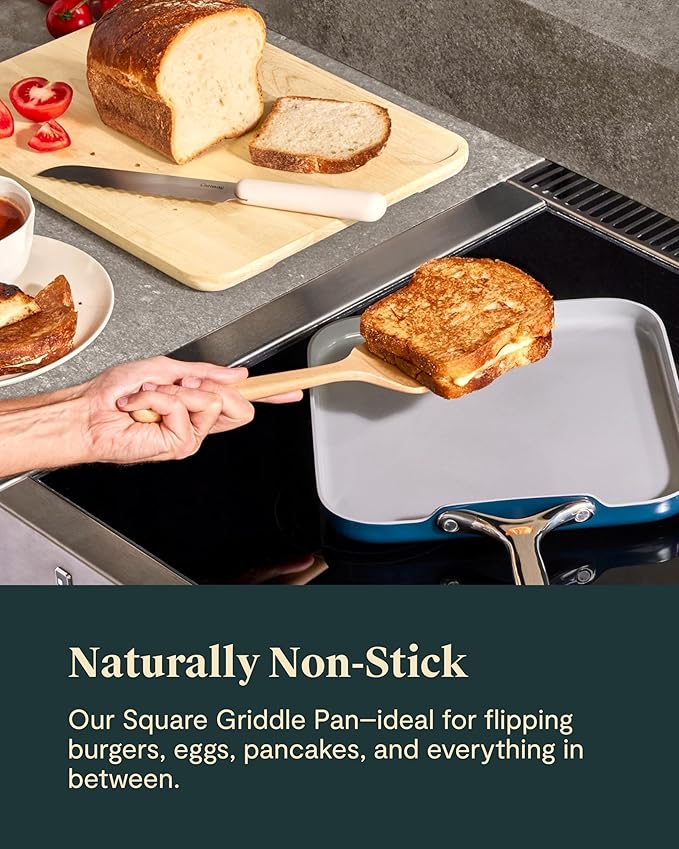 Caraway Square Griddle Pan - 11” Square Pan - Non-Stick Ceramic Coated - Non Toxic, PTFE & PFOA Free - Oven Safe & Compatible with All Stovetops - Black