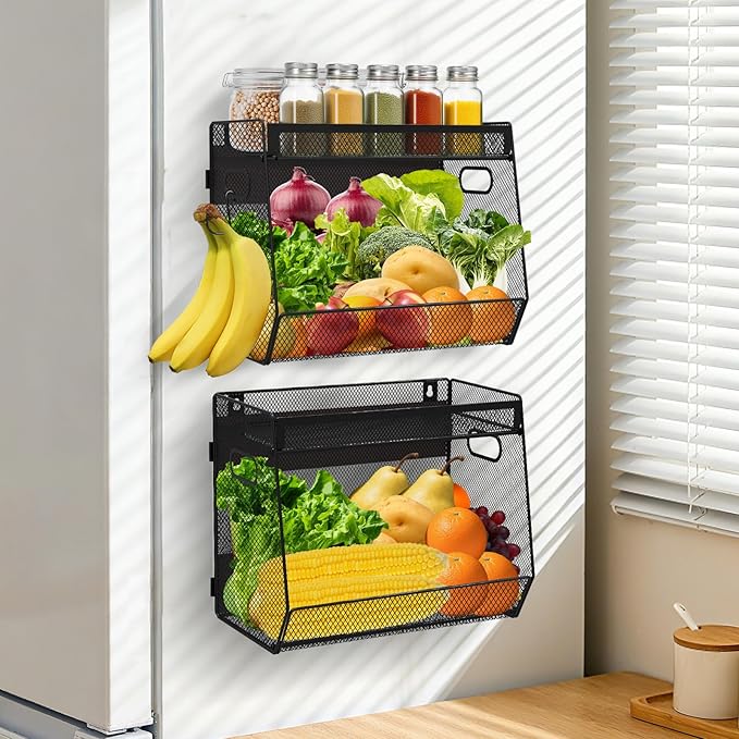 2 Set Magnetic Shelf Basket for Fridge, Magnetic Spice Rack Fruit Onion and Potato Storage Bins with Mesh Lid, Pantry Organizers and Storage, Kitchen Counter Organizer for Produce