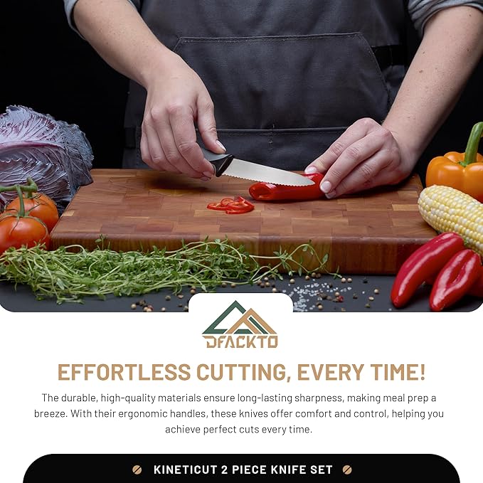 DFACKTO 2-Piece Serrated Knife Set – Stainless Steel Kitchen Cooking Knives w/Protective Covers, Dishwasher Safe, No Block, Sharp Cutlery for Slicing Bread, Cooking Fruit & Steak w/Sheath - Gray