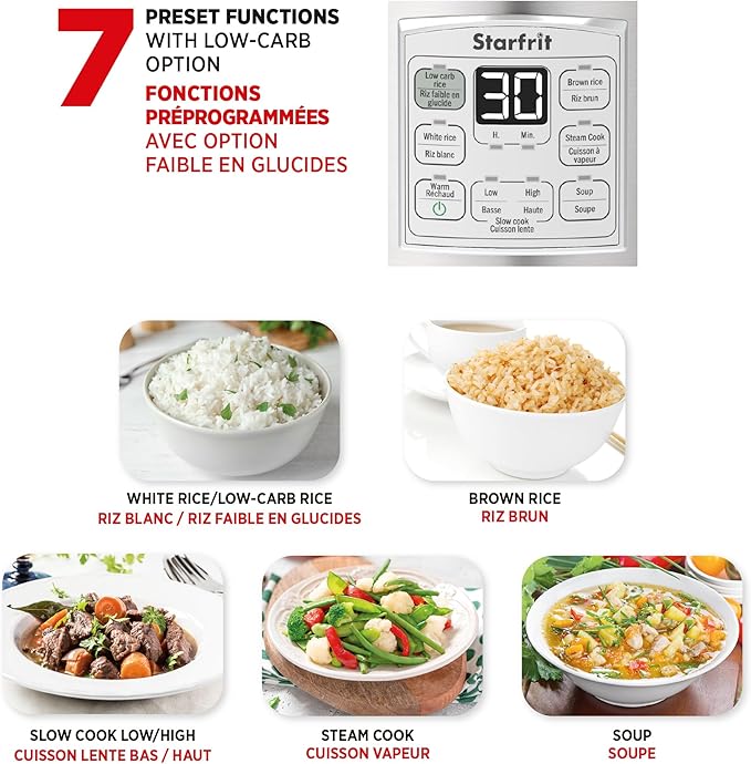 Starfrit Low Carb Rice Cooker - 14 Cups - Stainless Steel Low Carb/Steamer Basket - 7 Preset Functions - 500W