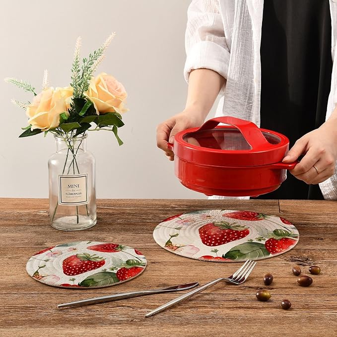 Cute Watercolor Strawberries Kitchen Trivets Pot Holders Set of 2, Trivets for Hot Pots Dishes Woven Trivet Coaster Pad Mat for Counter
