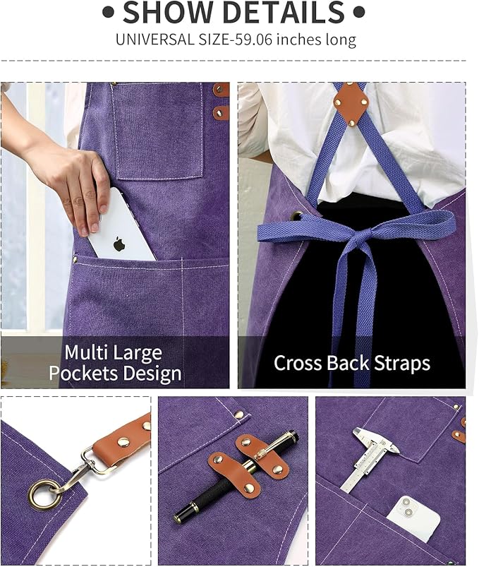 ZOMAO Chef Apron, Cotton Canvas Cross Back Apron with Pockets for Women and Men,Adjustable Strap and Large Pockets Apron,Kitchen Cooking Baking Bib Apron
