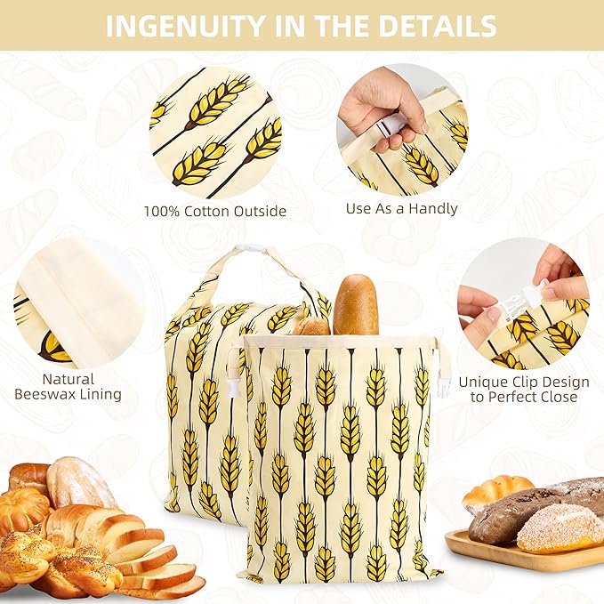 Beeswax Bread Bag 2 Pack Reusable Sourdough Bread Bag for Homemade Bread,Bakery Bag,Fresh Keeping Food Refrigerator Storage Bag