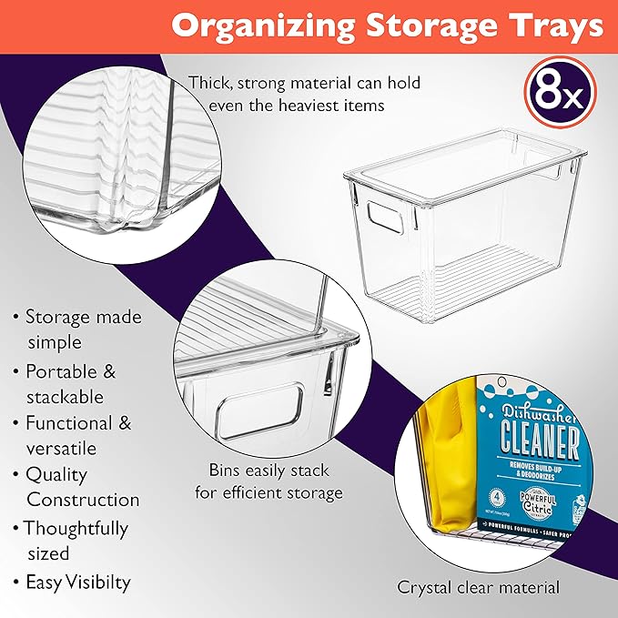 ClearSpace Modern Plastic Storage Bins with Lids Perfect Kitchen Organization or Pantry Fridge Organizer, 8 Pack, Transparent, Rectangular, 12.5" x 6" x 7", 9L Capacity, 8 Compartments