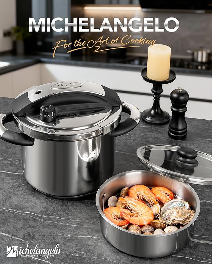 MICHELANGELO Small Pressure Cooker Stainless Steel, 3.2 Quart Olla de Presion, One-Hand Locking System, Induction Compatible, with Glass Lid & Steamer