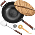 WANGYUANJI 13.4 Inch Traditional Cast Iron Wok with Wooden Lid and Stainless Spatula, Flat Bottom Double-Handle Chinese Stir Fry Pan, Uncoated Cast Iron Wok for Induction, Gas and Electric Stoves