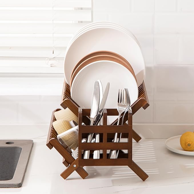 HBlife Dish Rack,Teak Folding 2-Tier Collapsible Drainer Dish Drying Rack with Utensils Flatware Holder Set