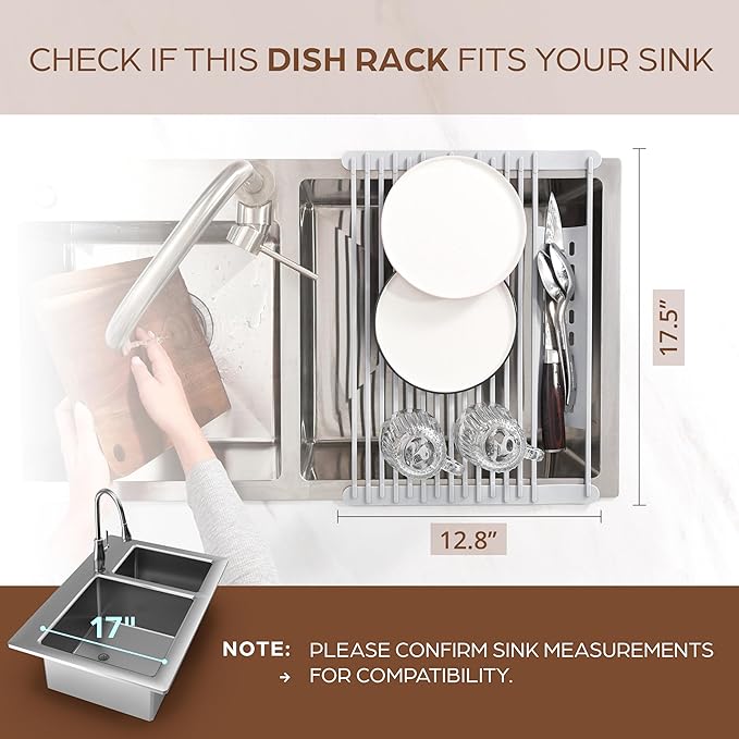 Multipurpose Roll-Up Dish Drying Rack - Silicone Wrapped, Heat-Resistant, Anti-Slip - Perfect for Small Kitchen Sink, 17" x 13"
