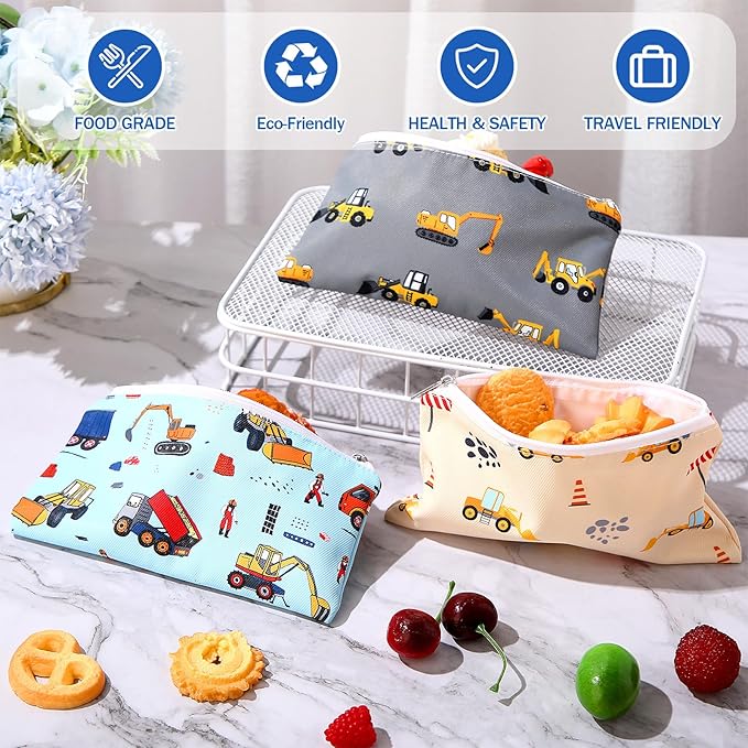 Chumia 6 Pcs Reusable Snack Bags Christmas Gifts Food Safety Washable Snack Bags Lunch with Zipper Portable Sandwich Bag Food Storage Pouch Double Layer(Truck,6.9 x 3.7 Inches)