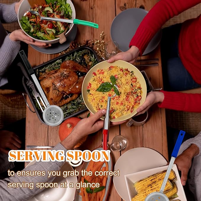 Stainless Steel Perforated Portion Control Ladle Spoon - Pizza Sauce Serving Spoons Portion Ladle for Sauces, Perfect for Weight Watchers, Buffets, Parties，2 oz 4oz 6oz 8oz Color Handles Spoodle