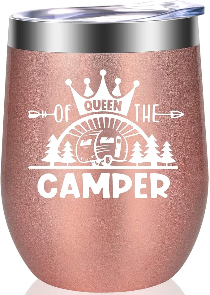 Queen Of The Camper Wine Tumbler, Happy Camper Gifts 12oz Cup, Gifts For Camping lover Outdoors, RV Hiking Camping Coffee Mugs, Camper Lover Couples Glass for Women